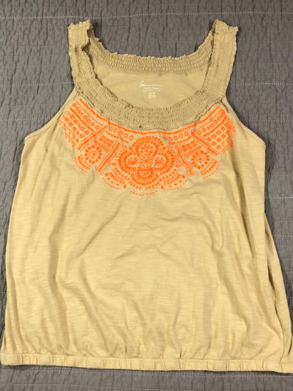 Lane Bryant Tank Top Women 14/16 Tan Smocked Orange Embroidery Cotton Slub